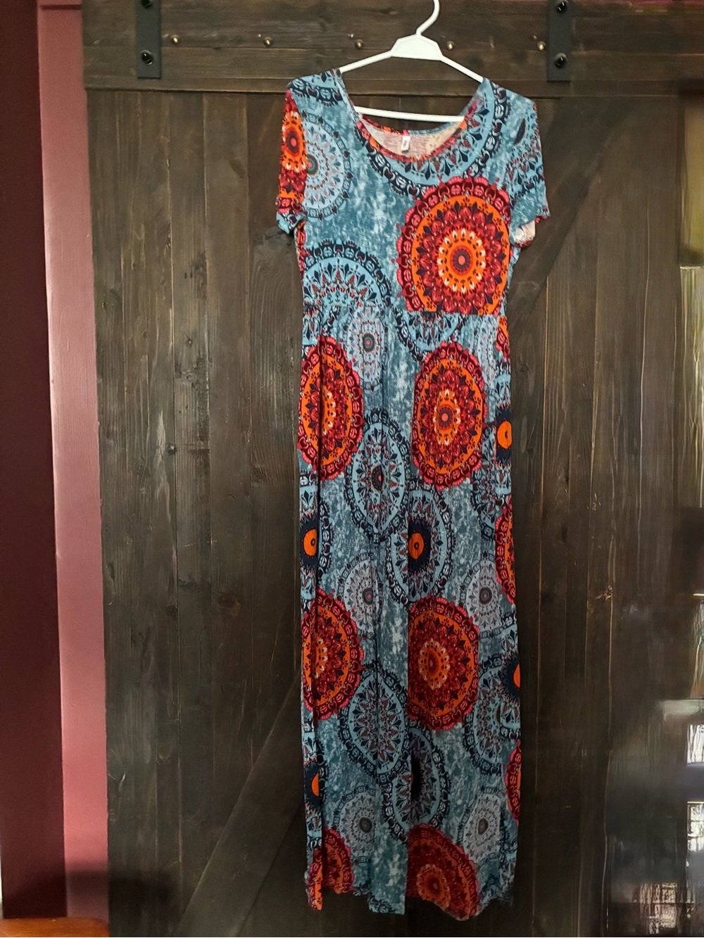 Blue Maxi Dress with Orange & Pink Medallion Print - Unbranded